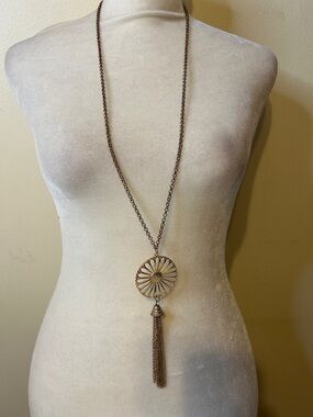 Goldtone Long Daisy Pendant Necklace with Tassel